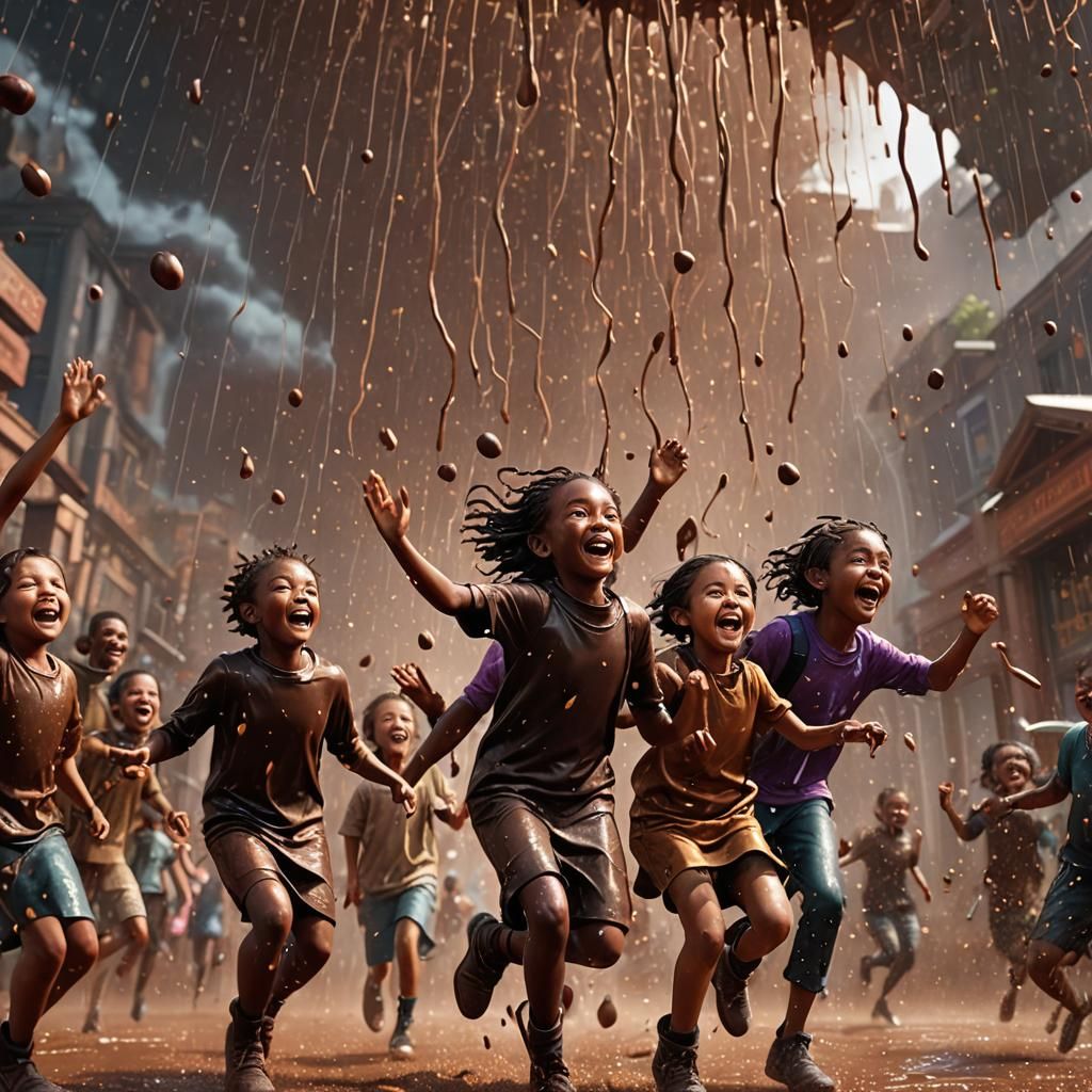 Children Enjoying Chocolate Rain: Detailed Matte Painting