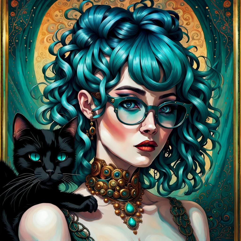 Anime Goth Girl with Black Cat in Maximalist Style