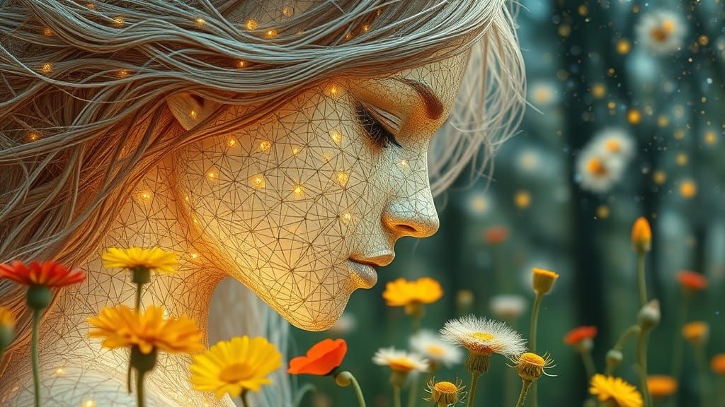 Ethereal String Woman Kissing Blooming Garden