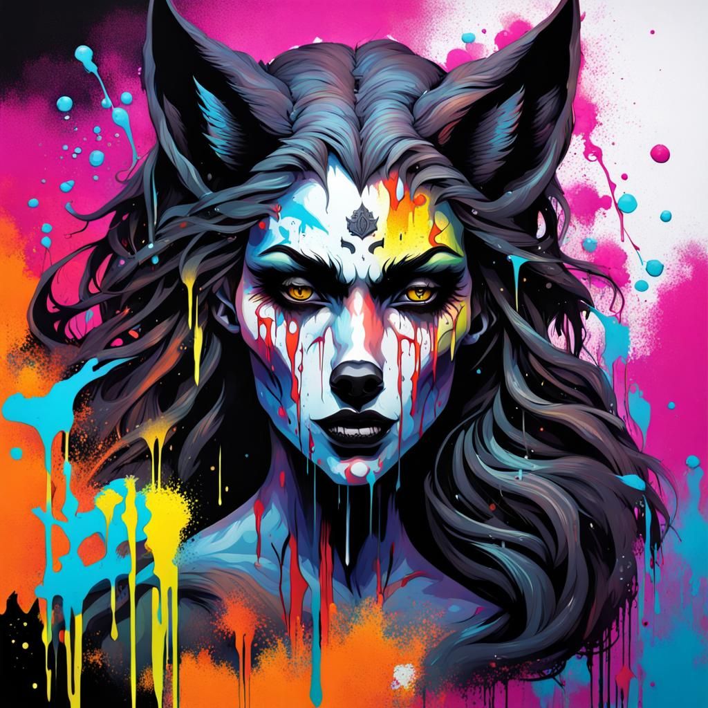 Gothic Werewolf Goddess in Graffiti Art Style