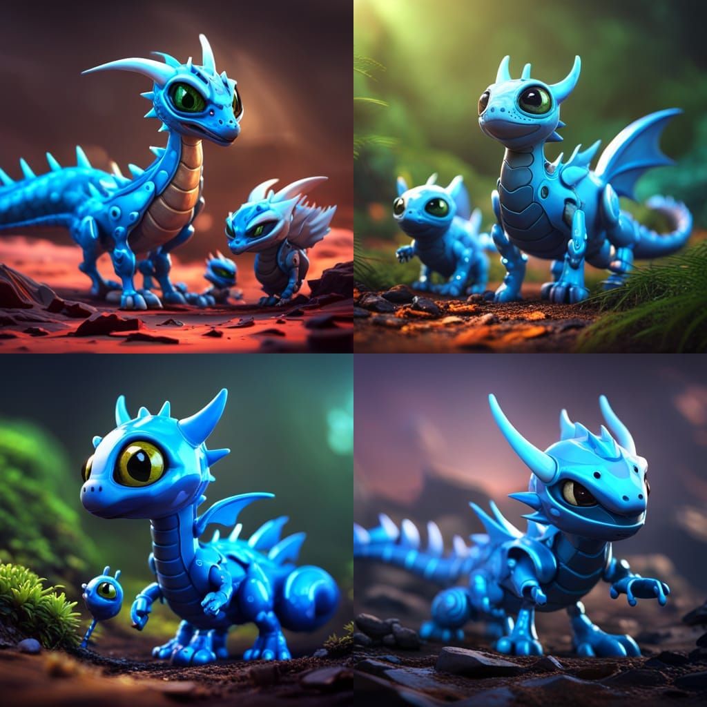 cute big eyed tiny blue dragon and its  babies