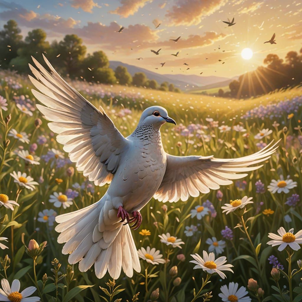 Ethereal Dove Flies Through Wildflower Field
