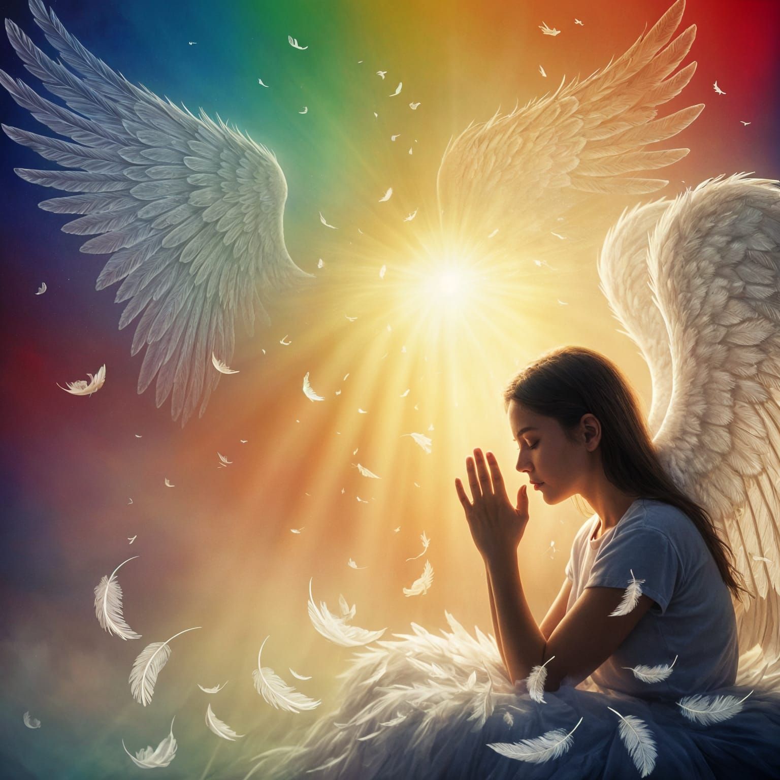 Praying Figure with Angelic Wings in Oil Paint