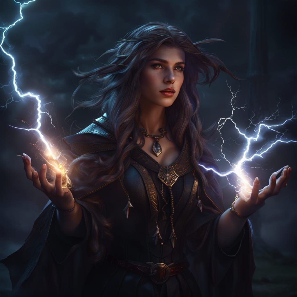 Young Witch Commands Lightning, Dark Fantasy Concept Art