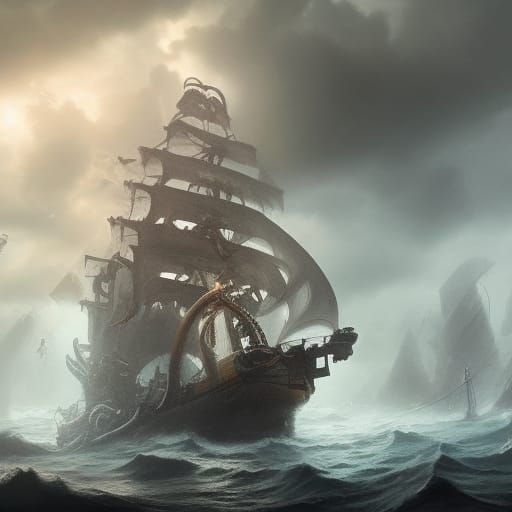 Kraken Attacks Pirate Ship in Stormy Weather