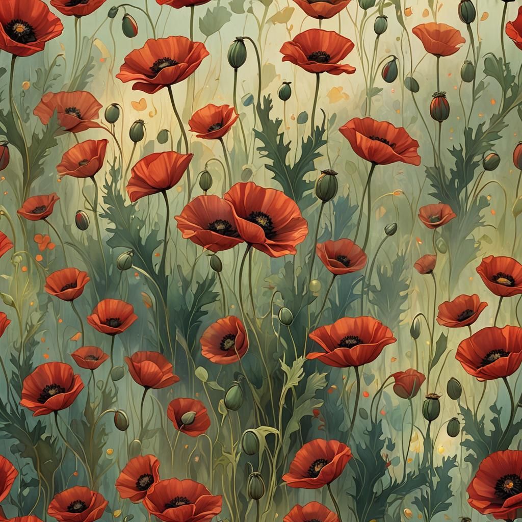 Ethereal Red Poppies in American Modernism Style