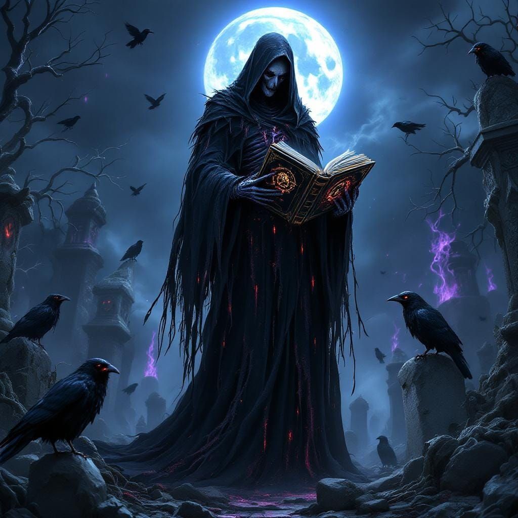 Dark Witch in Moonlit Graveyard: Surreal Gothic Art