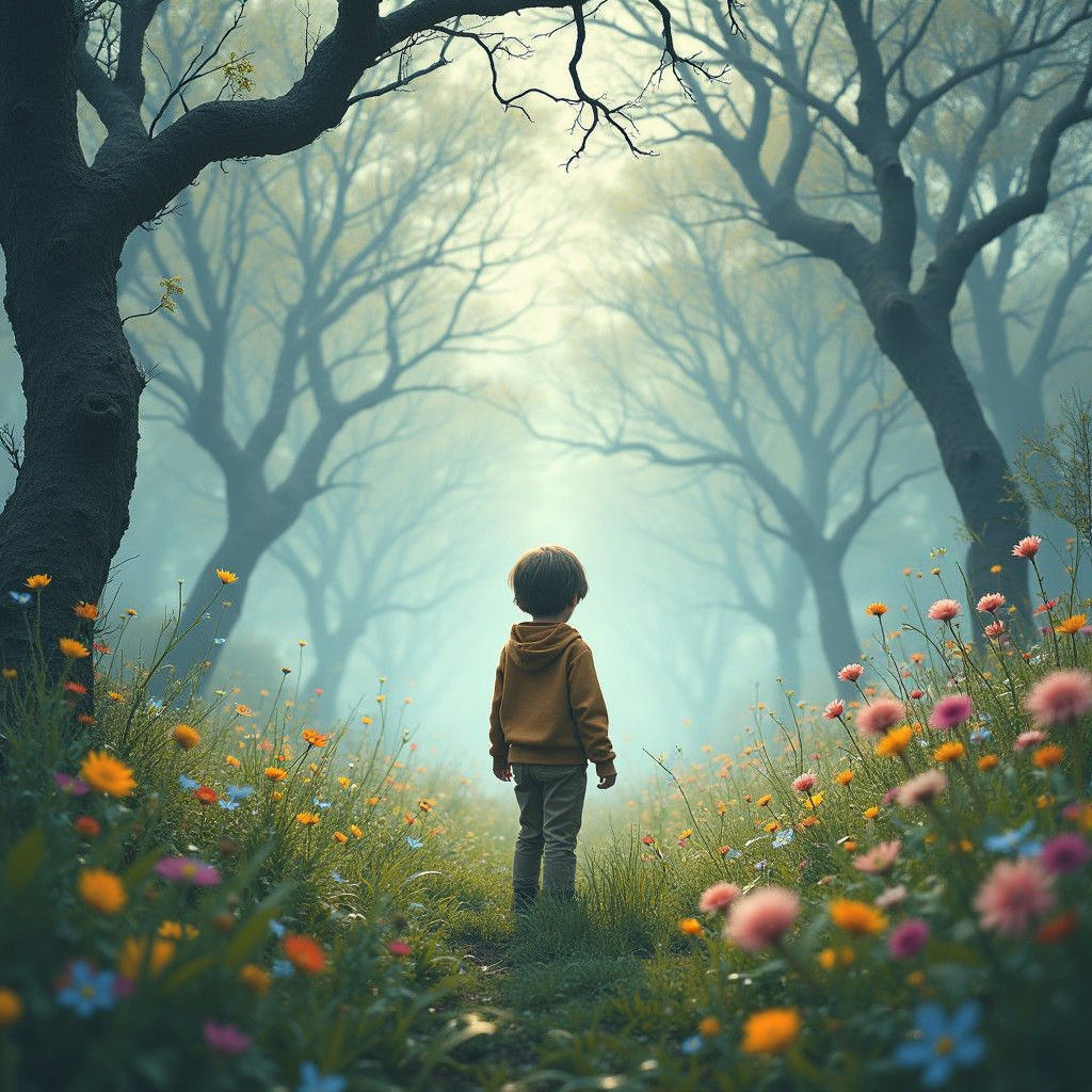 Boy in Grey Meadow: Fantastical Matte Painting