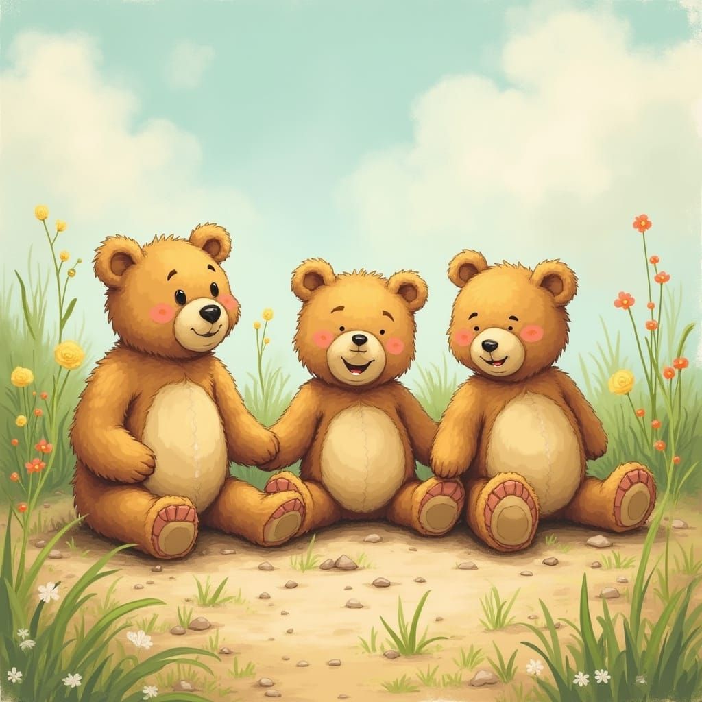 Whimsical Teddy Bears Laugh and Fall in Springtime