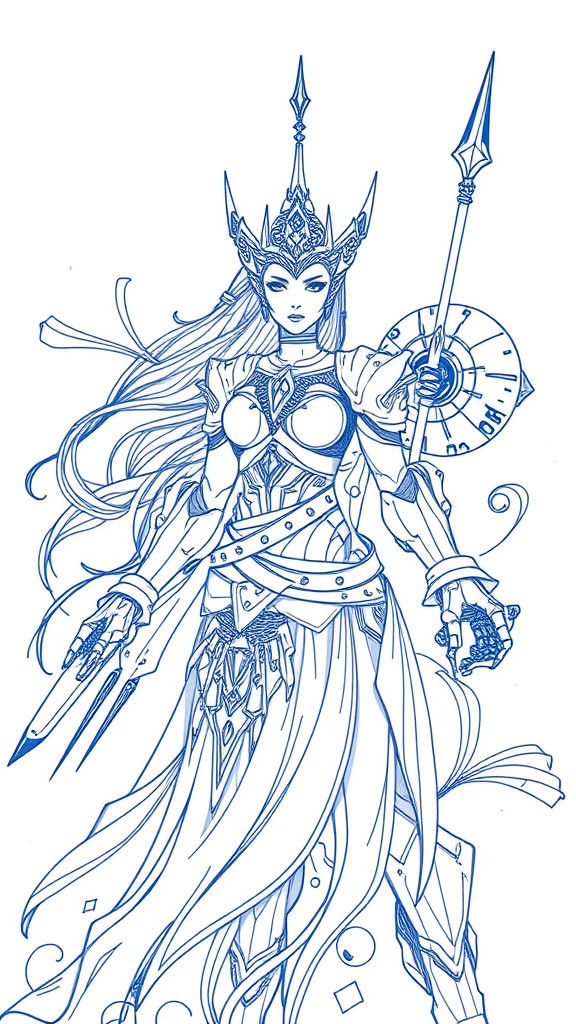 Futuristic Kingdom Doodle with Warrior Queen in Blue Ink