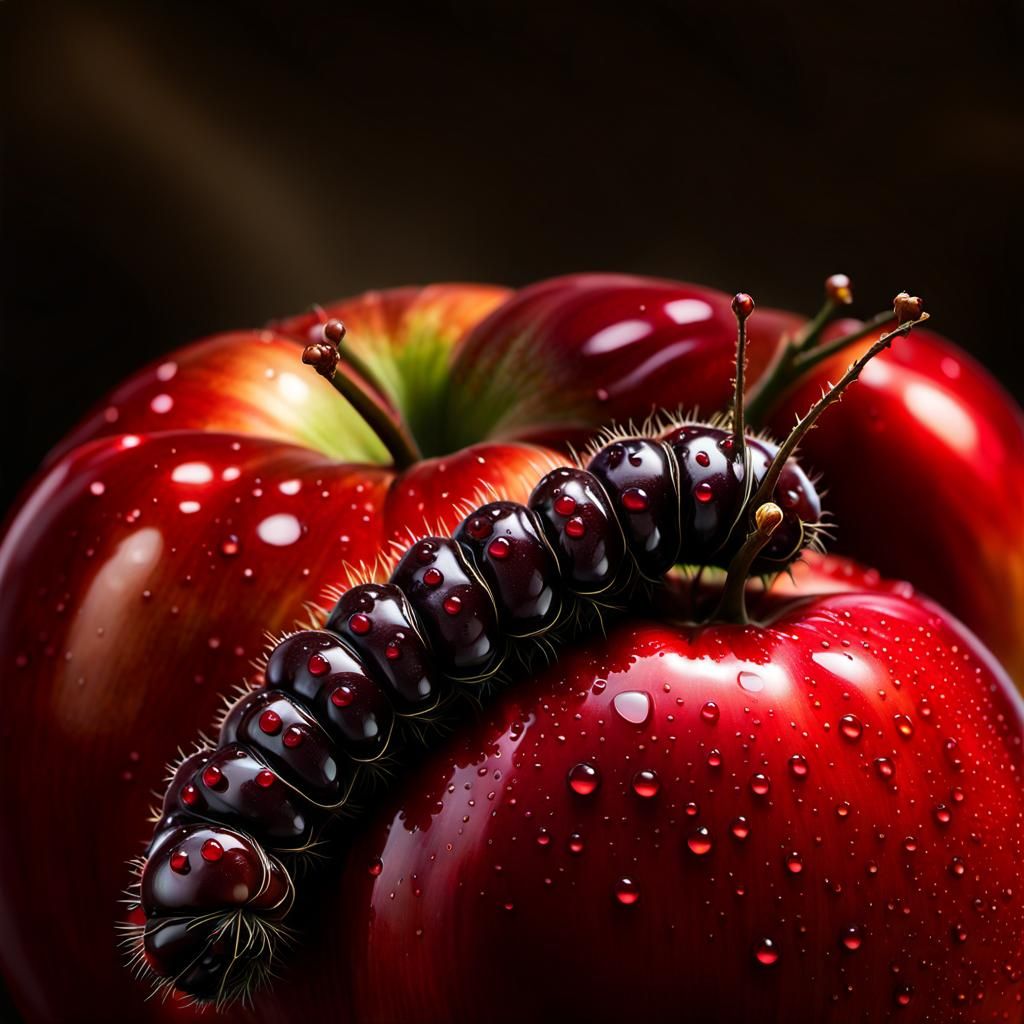 Terry Bradley Style artwork a dark brown caterpillar on a red apple whimsical cute with morbid themes, 3d render wet oil...