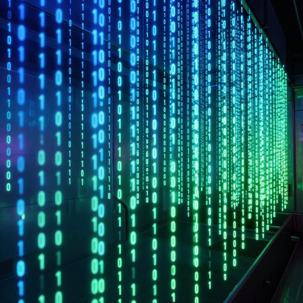 Neon Binary Code Waterfall in Cyberpunk Style