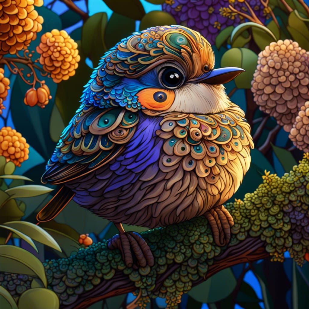 Fluffy Chibi Bird on Branch: Detailed Digital Art