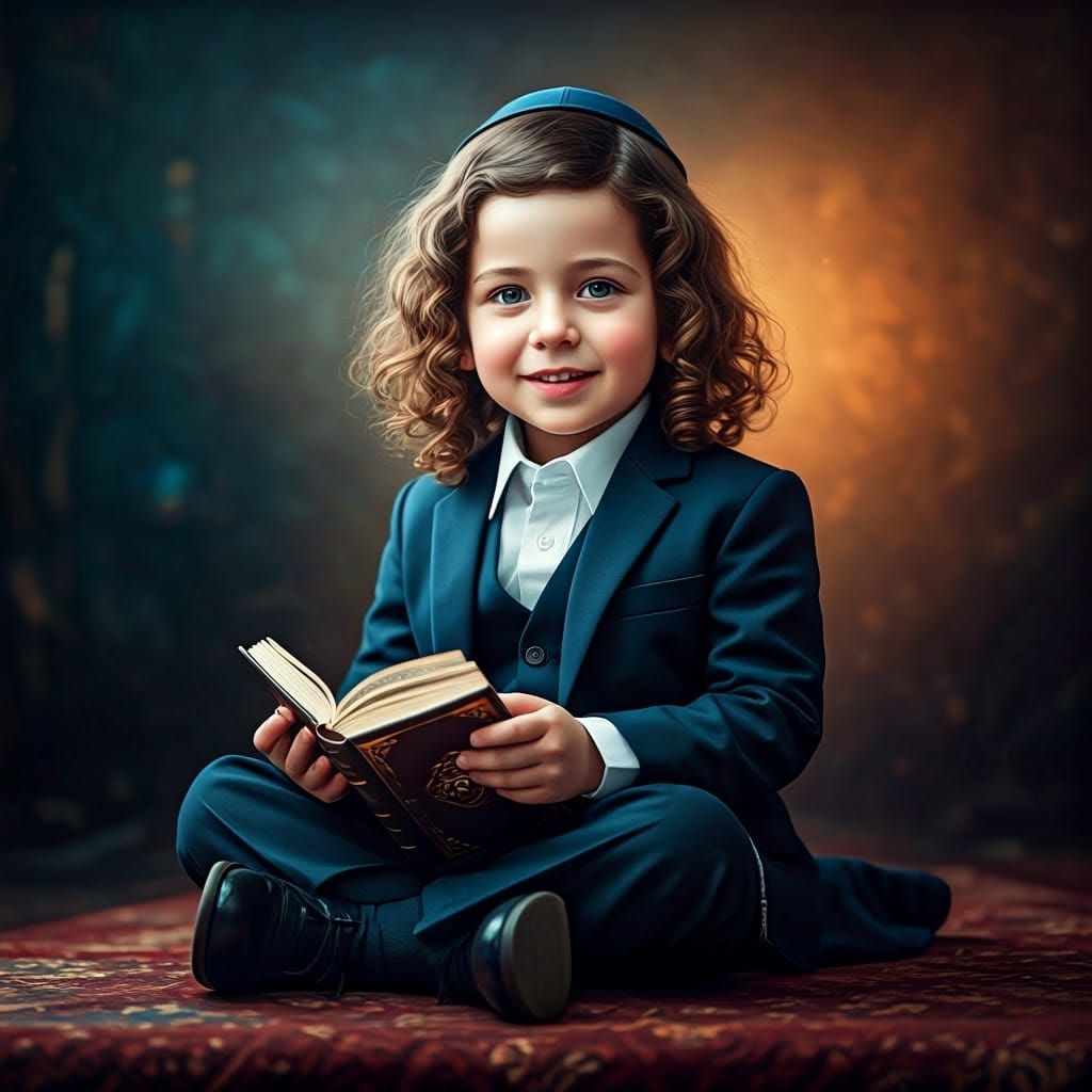 Innocent Jewish Boy in Elegant Navy Suit Smiles with Leather...