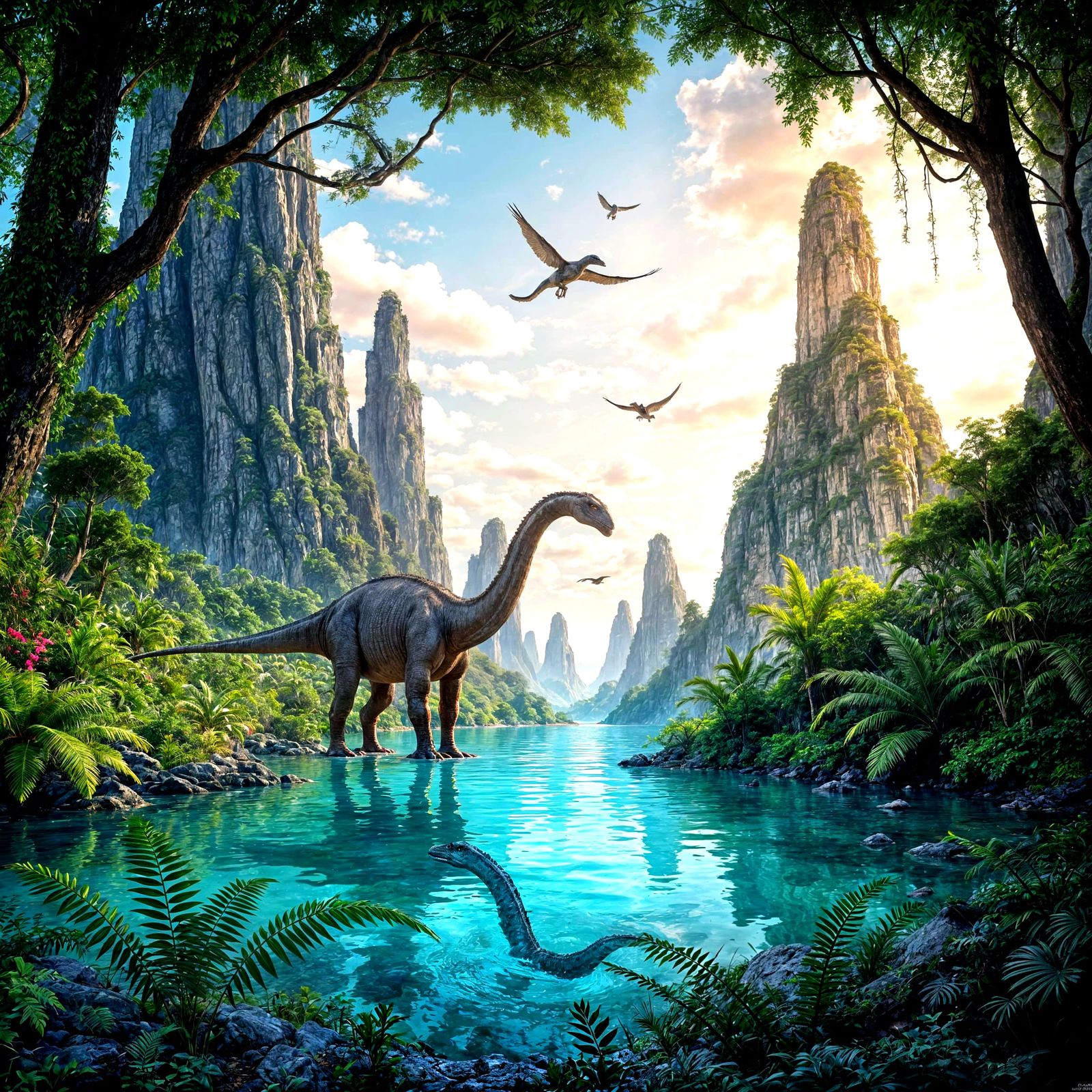 Dinosaur Grazing in Bioluminescent Fantasy Forest