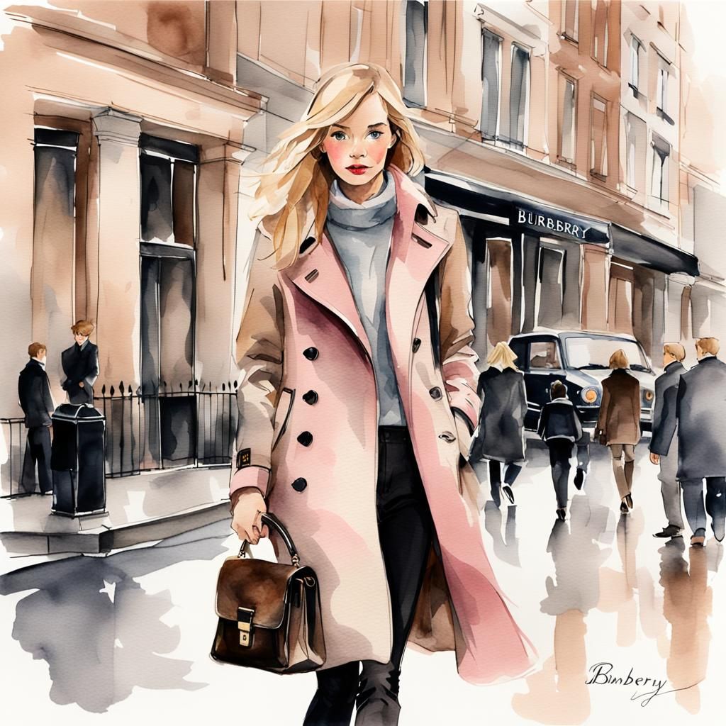 Girl in Burberry Coat: Romantic Watercolor Art