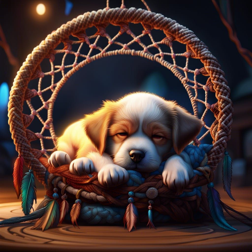 Cute Puppy Dreams Under Macrame Dreamcatcher