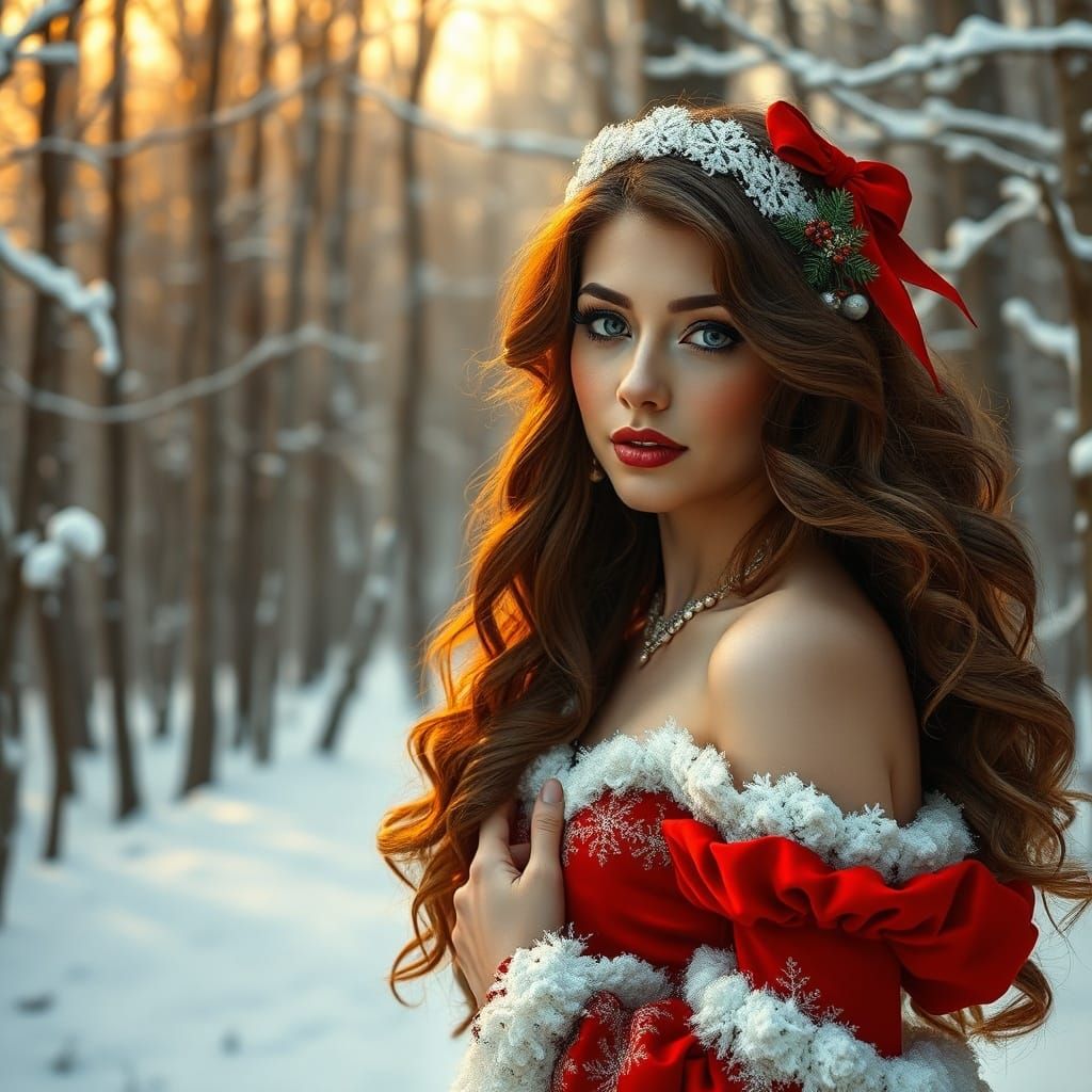 Elegant Lady in Red Dress in Winter Forest