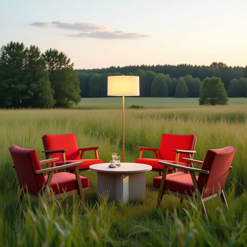 Dadaist Furniture Arrangement in a Grassy Field