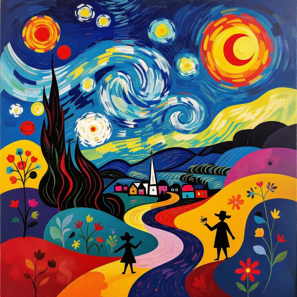 Surreal Landscape of Joy and Celebration in Miró Style