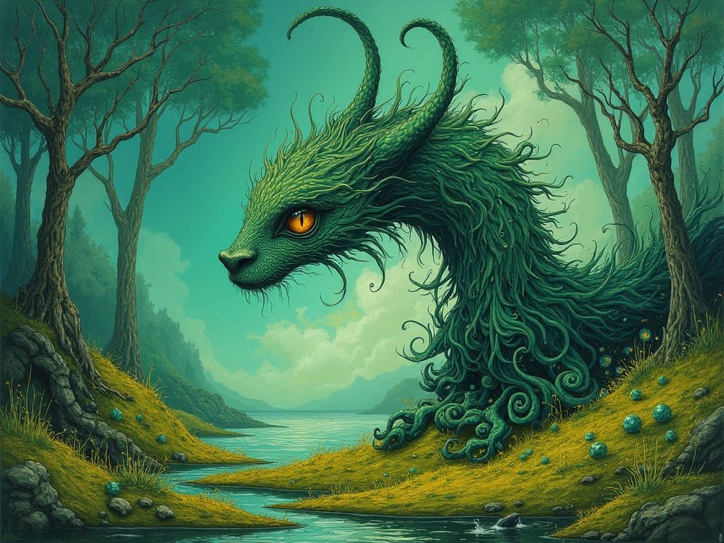 Surreal Landscape with Hybrid Dragon Creature