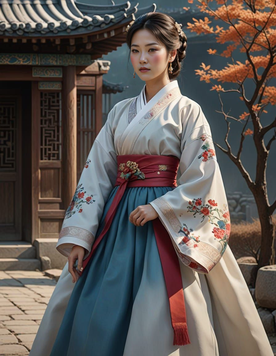 Korean Lady in Traditional Hanbok attire, a Detailed Matte P...