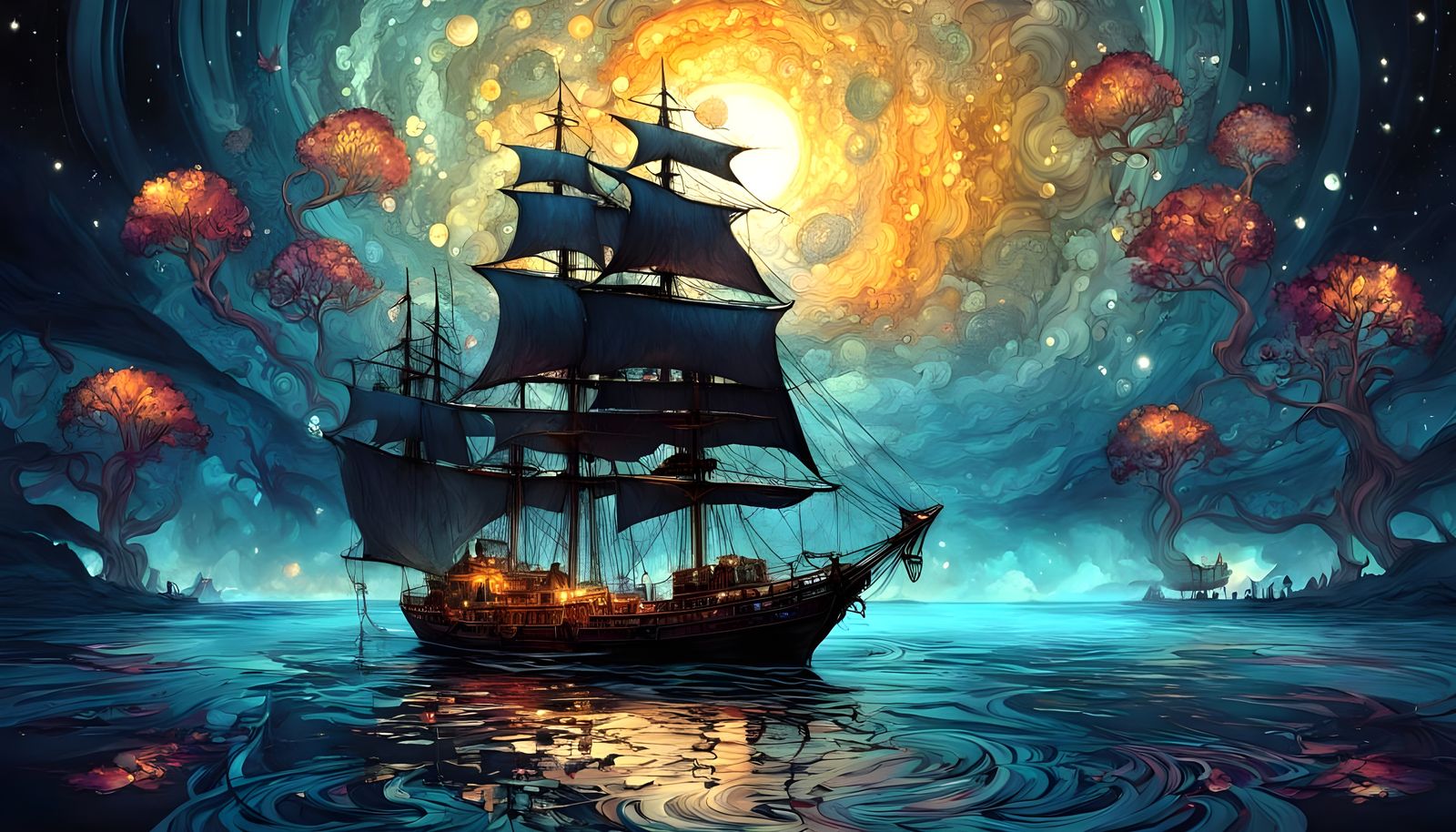 Embroidered Fractal Ships in Folklore Harbor Scene