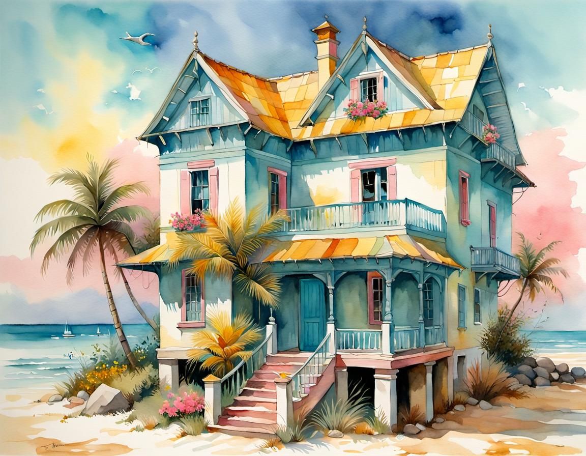 Charming Beach House in Watercolor Style