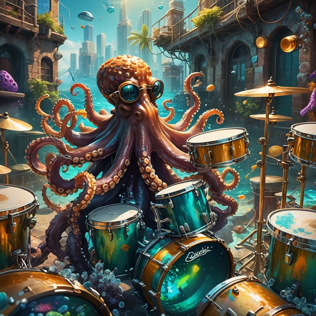 Octopus Drummer in Underwater City: Oil Painting