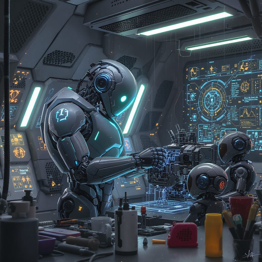 a futuristic dad robot stands in a high-tech workshop, surro...