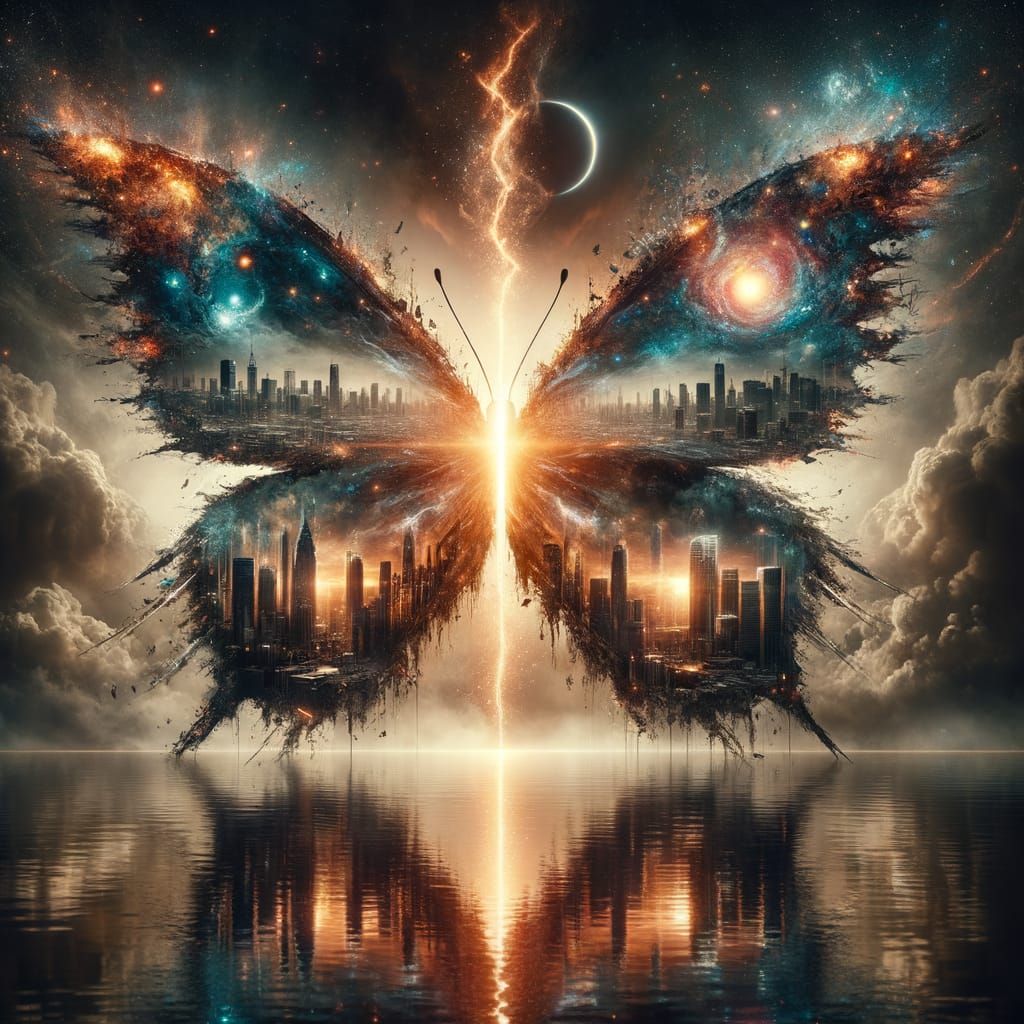 Colossal Butterfly with Cityscape Wings and Cosmic Stardust