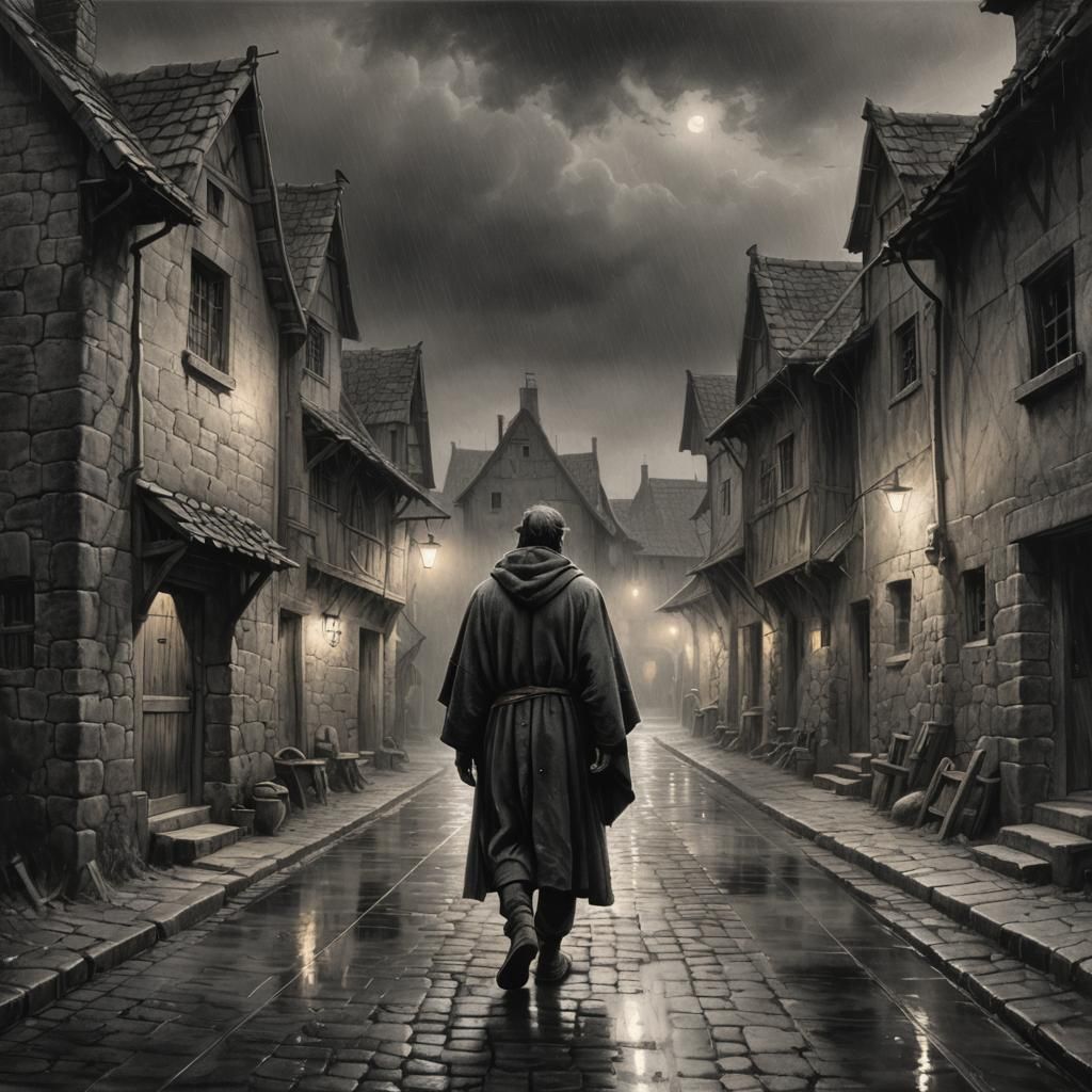 Medieval Peasant in Charcoal Drawing with Rain Effects