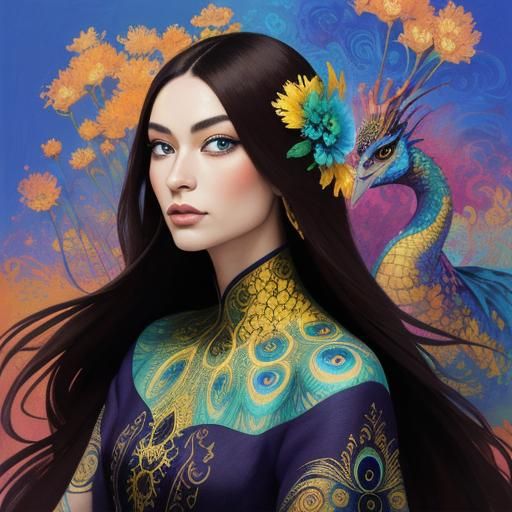 Dragon-Peacock Woman Portrait in Abstract Expressionism