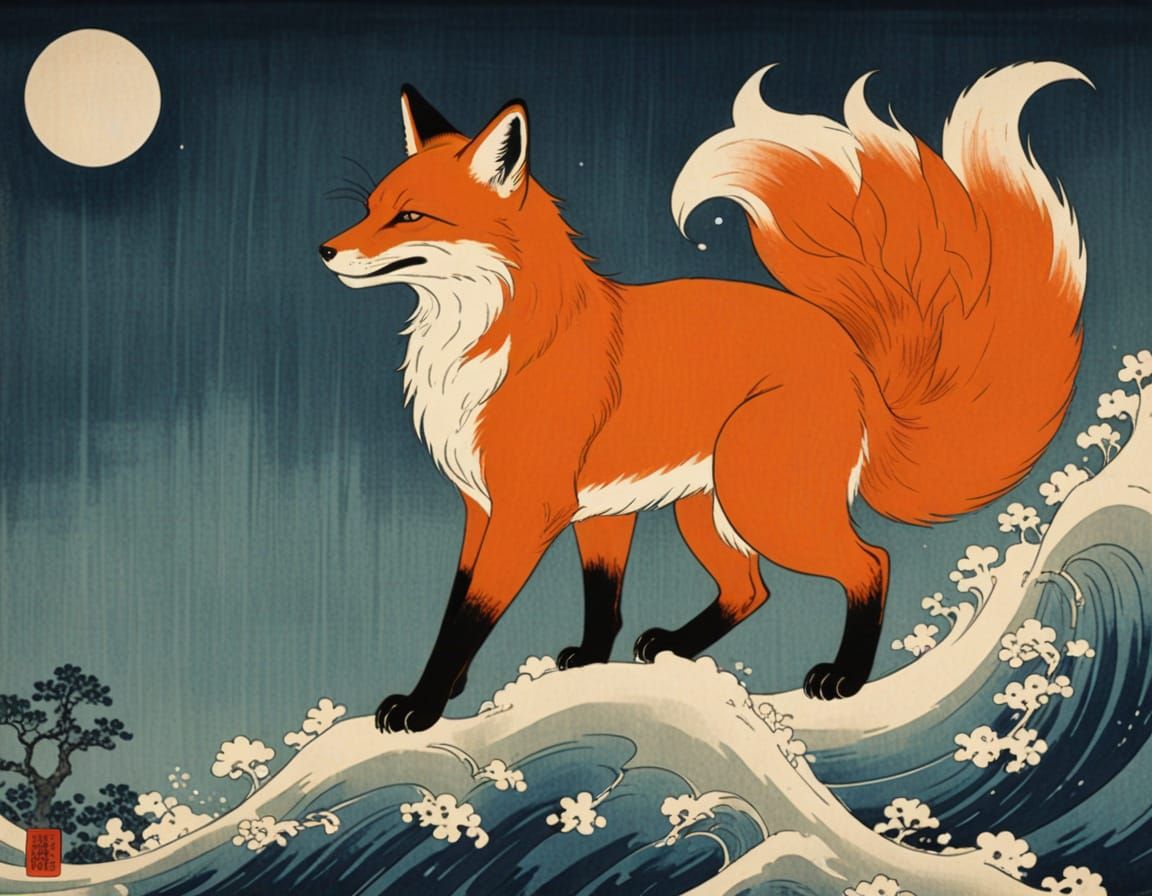 Nine-Tailed Kitsune Fox in Ukiyo-e Style