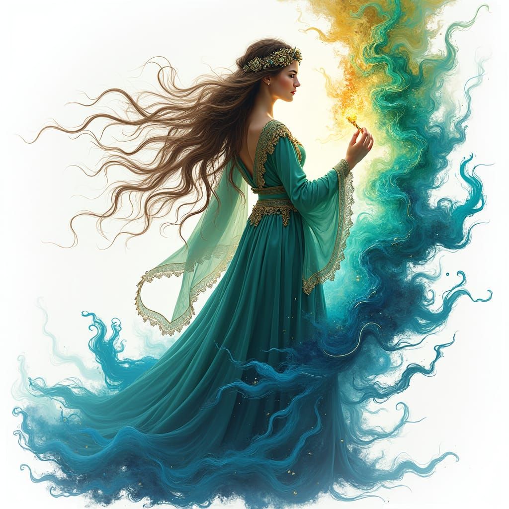 Sorceress Merging with Kaleidoscopic Painting