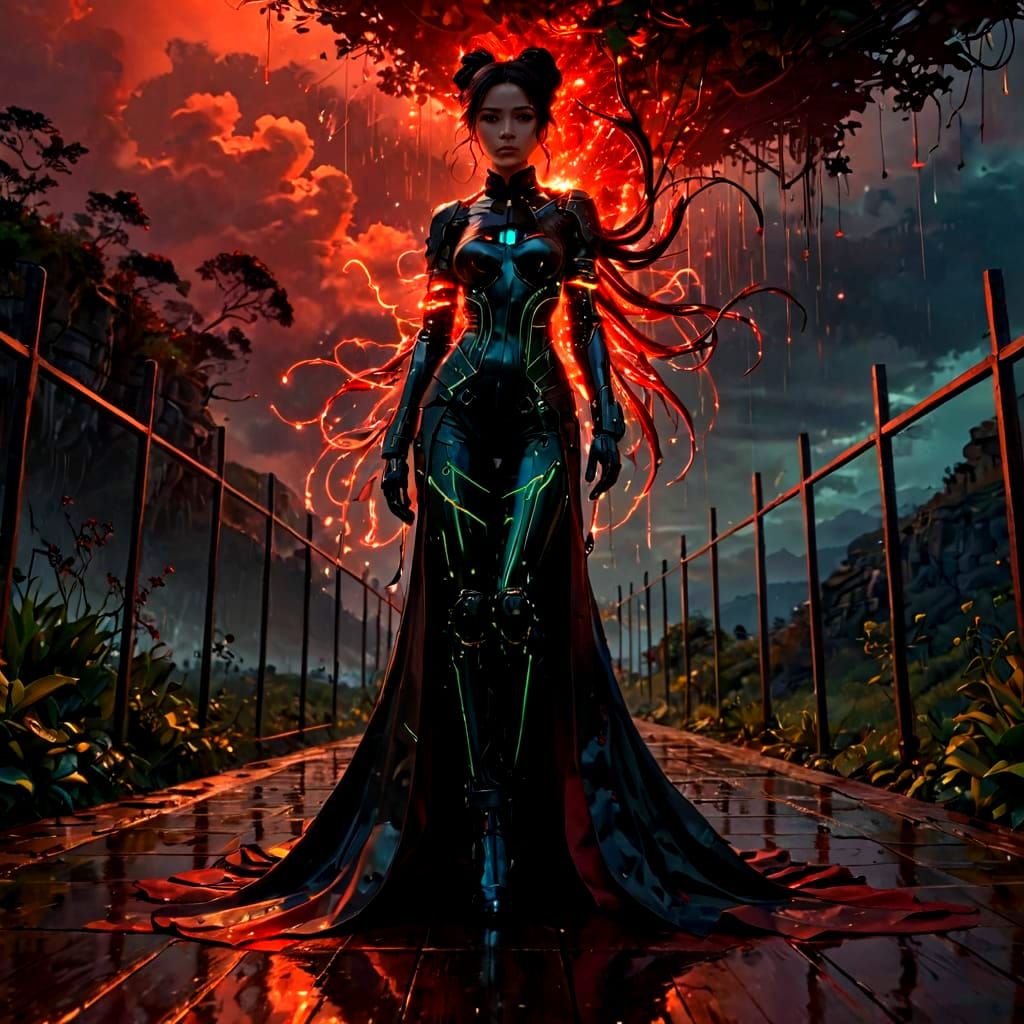 Gothic Latina Woman Contemplates Red Sunset on Cliffside