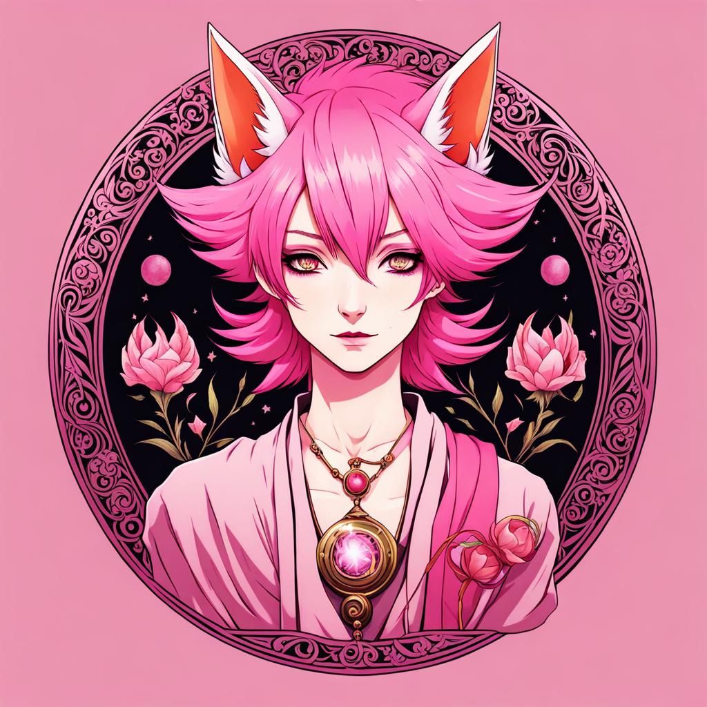 Feminine Male Cartomancer with Pink Hair and Fox Features