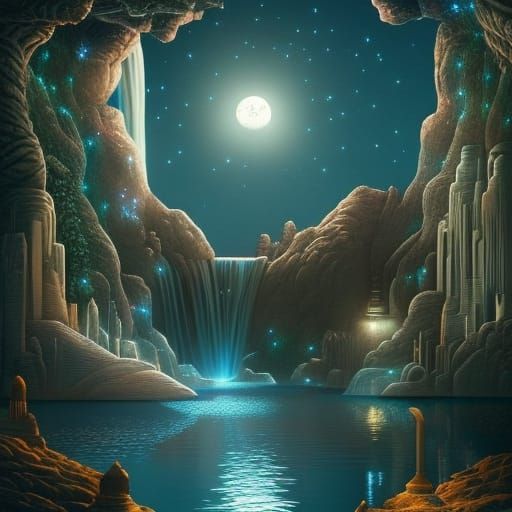 Detailed Moonscape with Water Garden in Cosmic Style