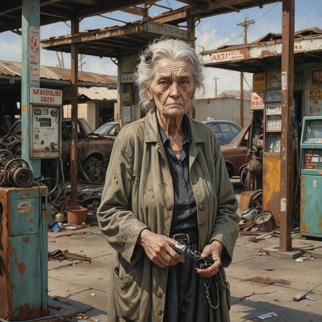 Post-Apocalyptic Gas Station Lady in Acrylic Painting