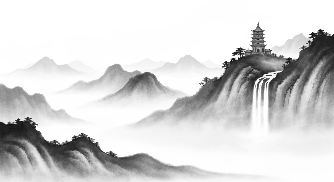Misty Mountain Pagoda in Chinese Ink Wash Style