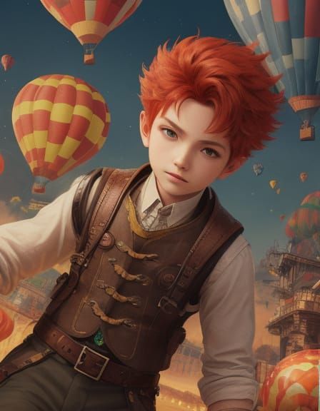 Boy Piloting Steampunk Balloon over Candy Land