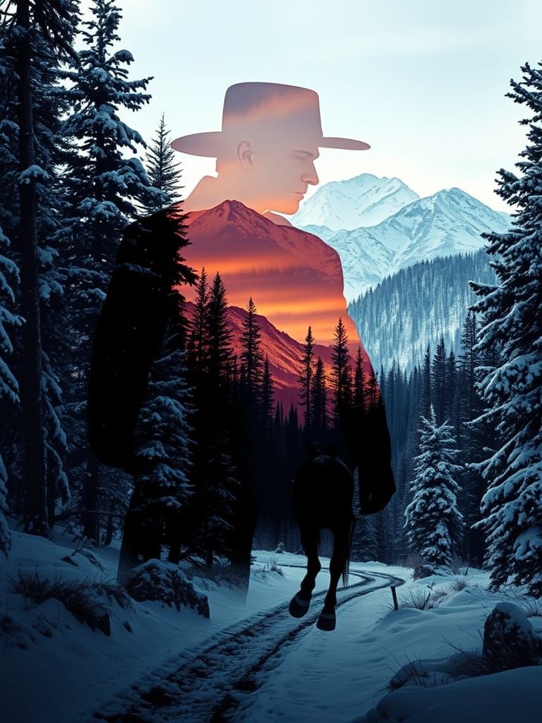 Double Exposure of Arthur Morgan in Winter Landscape