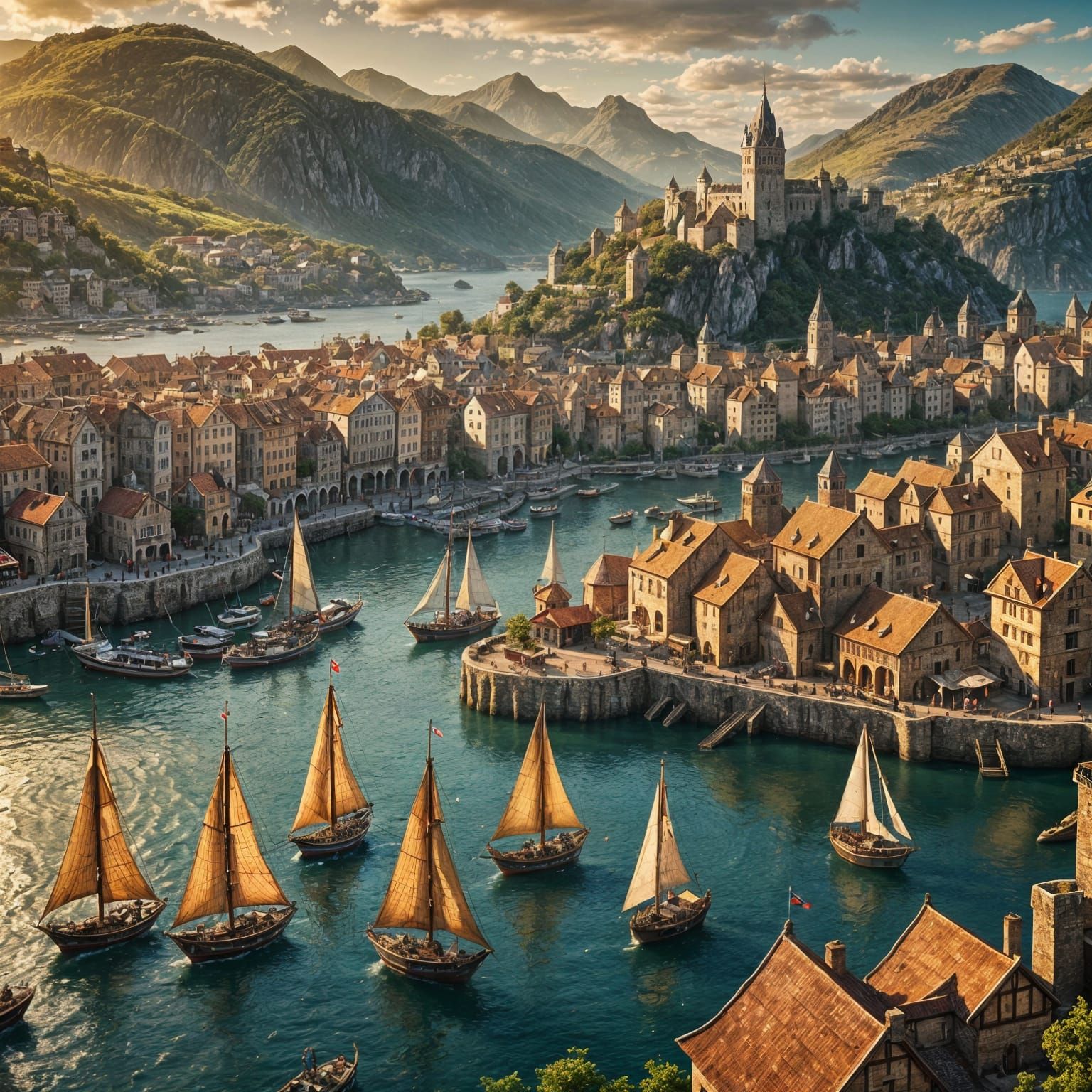 Epic Medieval Coastal City with Blue Banners