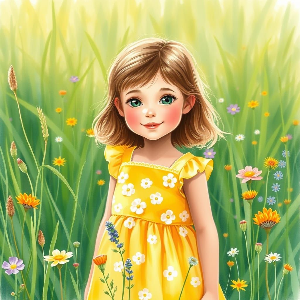 Whimsical Watercolor Scene of Young Girl in Lush Meadow