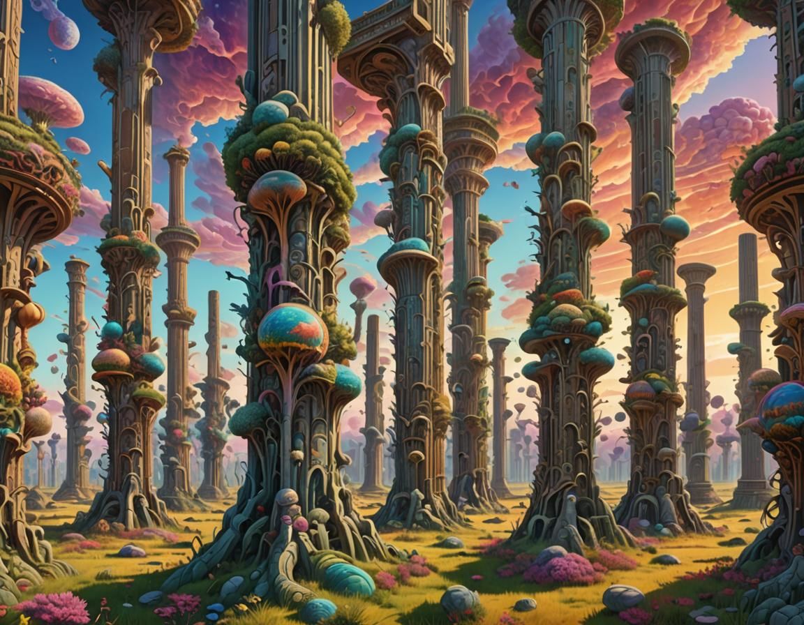 Psychedelic Pillars in Surreal Landscape Art