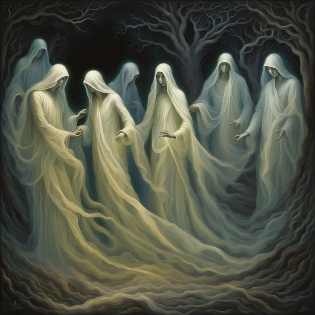 Ethereal Figures in Shadowy Underworld: Dark Fantasy Art