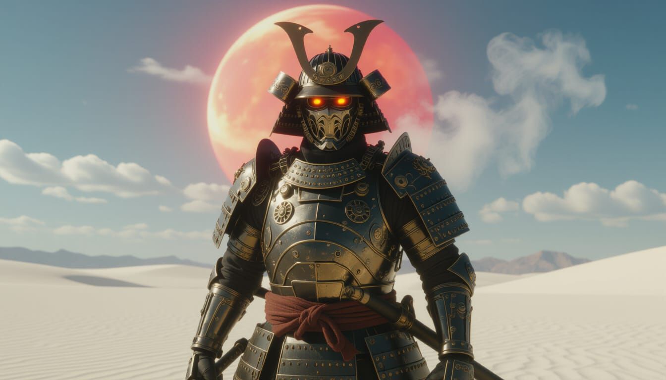 Samurai in Automatronic Armor in White Desert