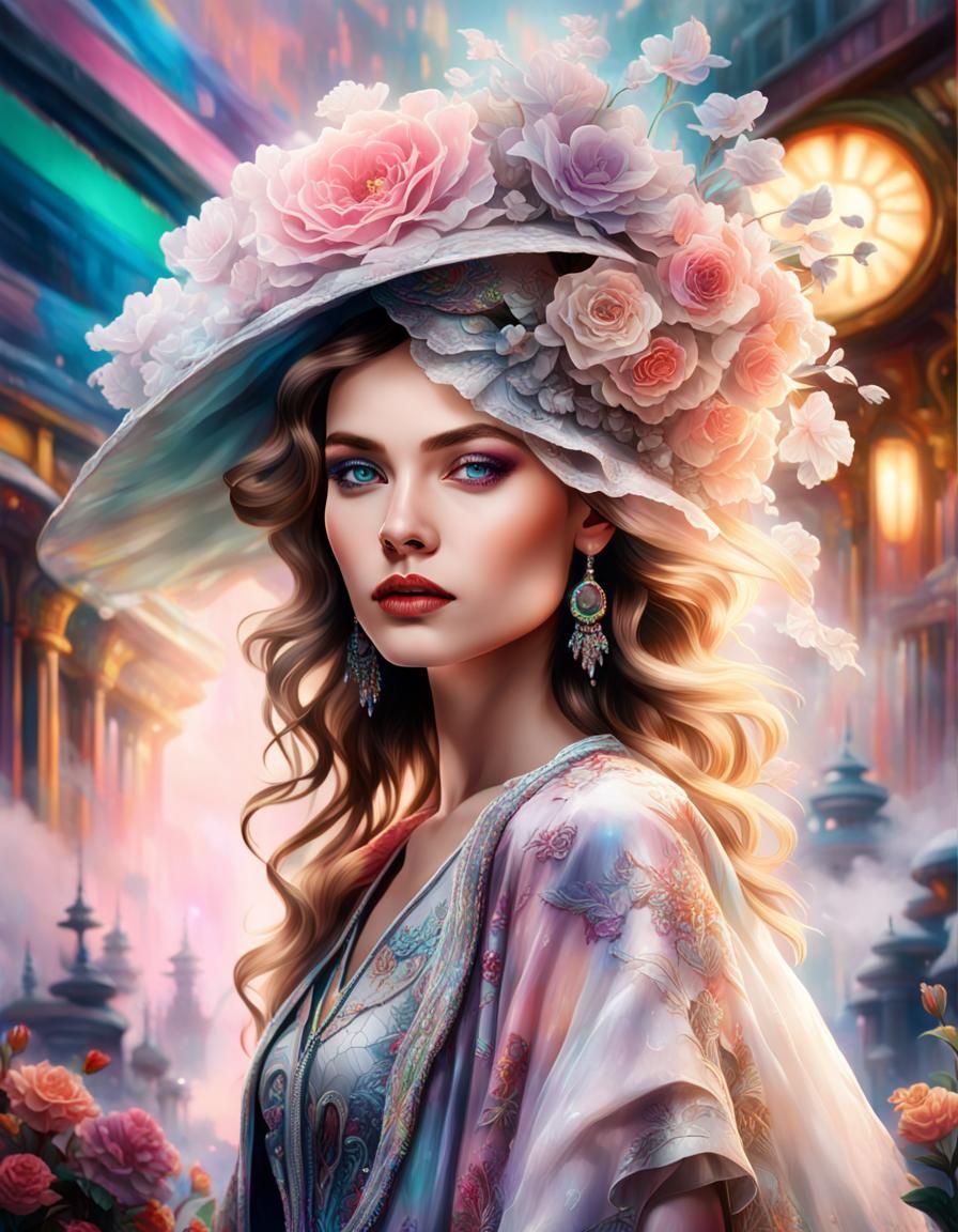 Hyperrealistic Portrait of Woman in Futuristic Cityscape