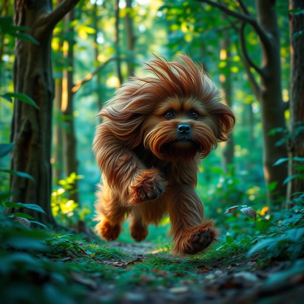 Havanese Sasquatch Runs Through Emerald Forest