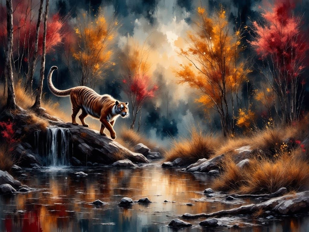 Majestic Sabertooth Tiger Under Autumn Night Sky